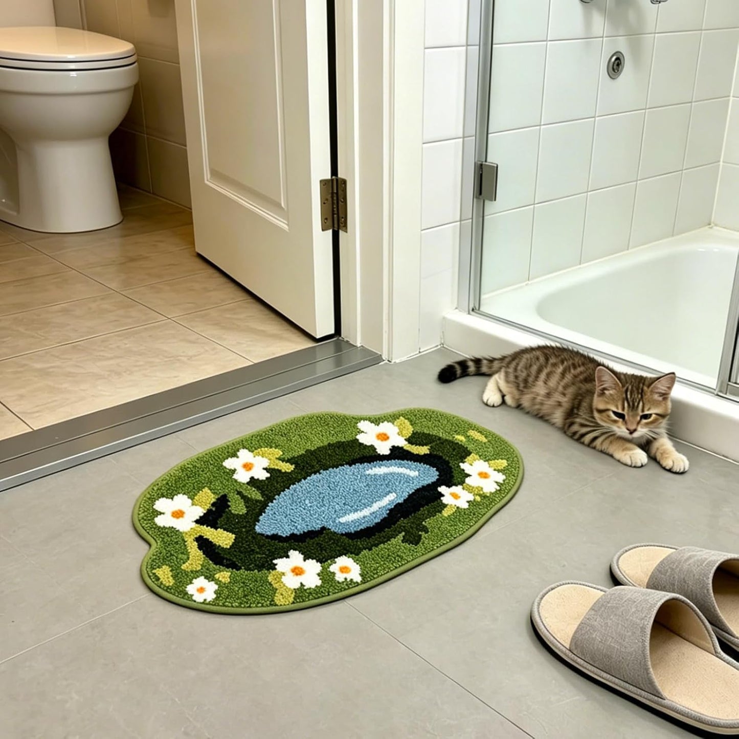 Pond Floral Microfiber Bathroom Rugs 28''x13'', Green Garden Flower Soft Absorbent Bath Mat Non-Slip Rubber Backing, Spring Summer Washable Bath Rug for Shower Floor Bathtub Bedroom Home Decor