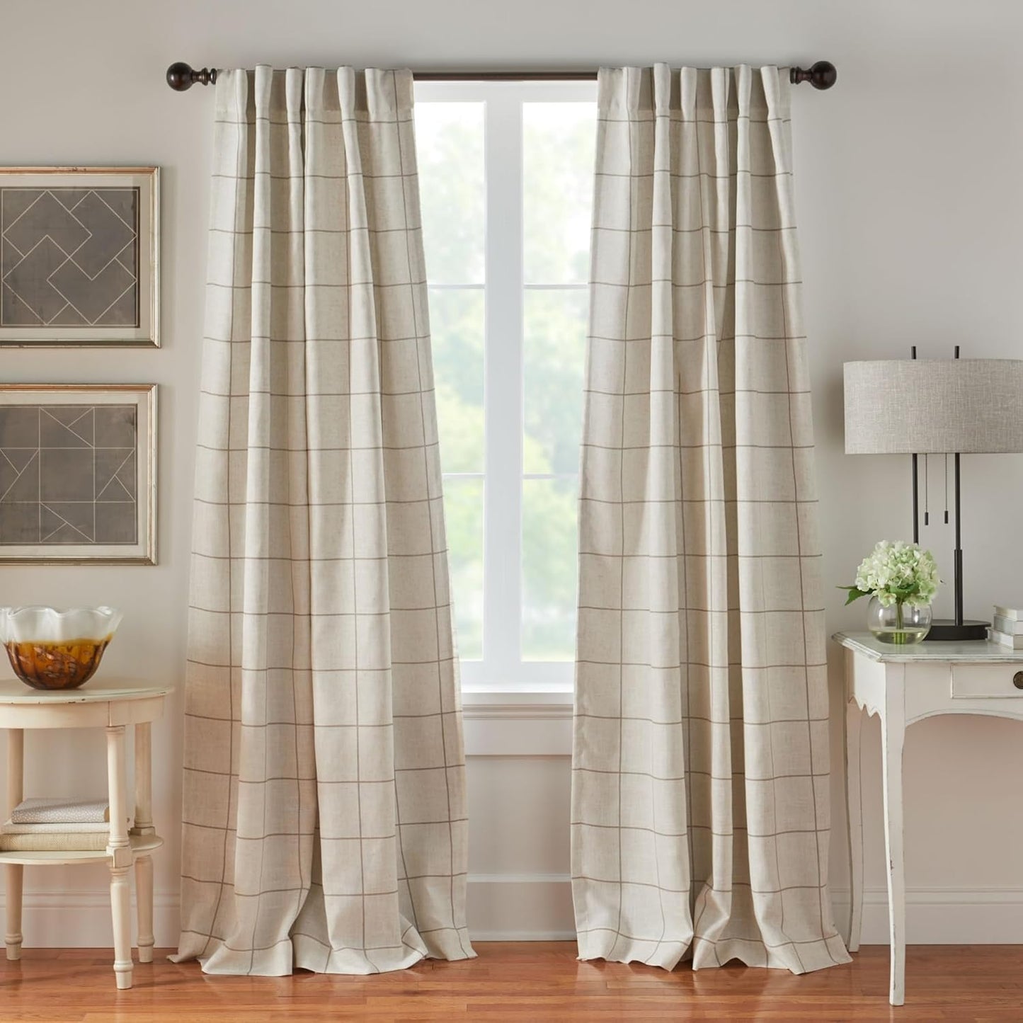 Fashions Brighton Windowpane Plaid Blackout Window Curtain, Living Room and Bedroom Drape with Rod Pocket Tabs, 52" x 84", Linen, 1 Panel