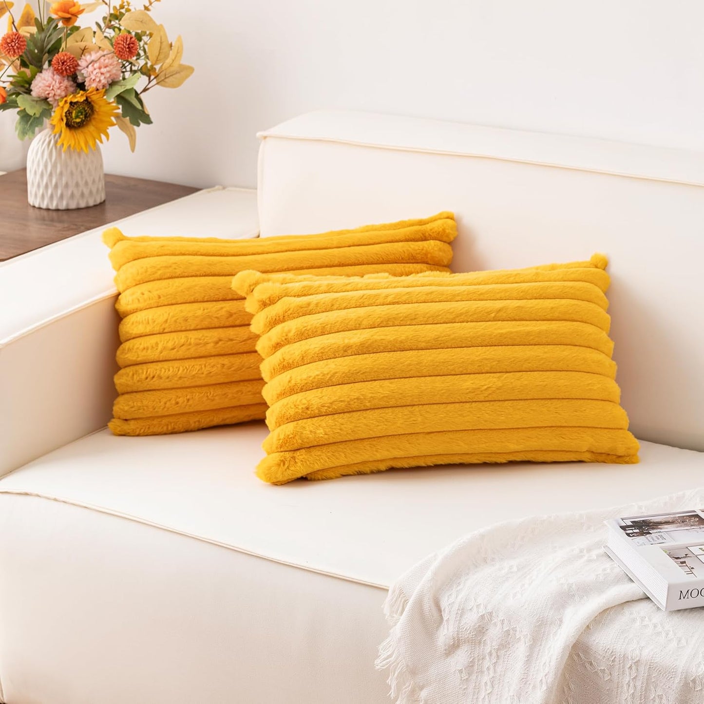 Pack of 2 Faux Fur Christmas Throw Pillow Covers 18x18 Inch, Soft Plush Striped Neutral Couch Pillow Cover, with Velvet Back Modern Home Decor for Sofa Living Room Couch Bed Cream White
