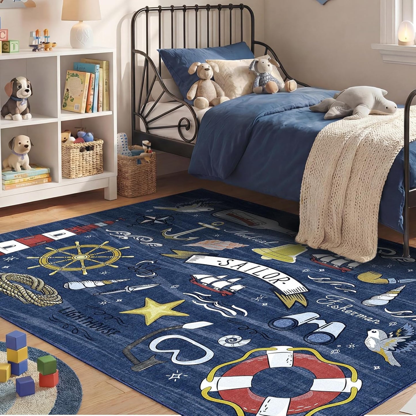 Soft Area Rugs 5x7, 5x7 Washable Rug with Non Slip Backing, 5 x 7 Faux Cashmere Low-Pile Carpet, Navy Blue & Gold