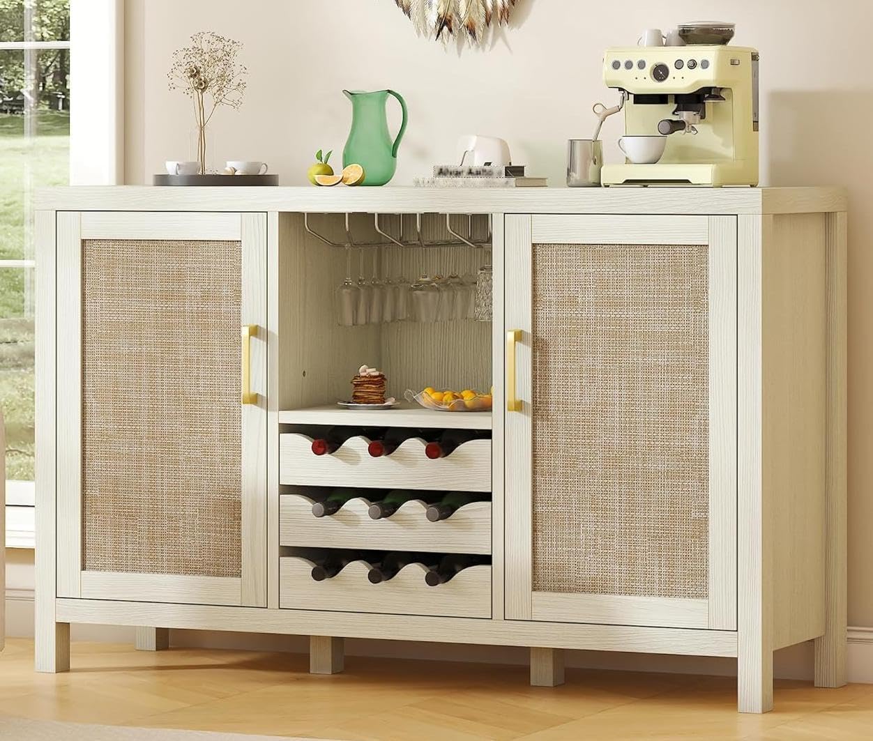 Rattan Wine Bar Cabinet, Boho Rattan Home Bar with Glass Holder and Drawer Style Racks, Oak Sideboard Buffet Storage Cabinet for Living Dining Room Kitchen