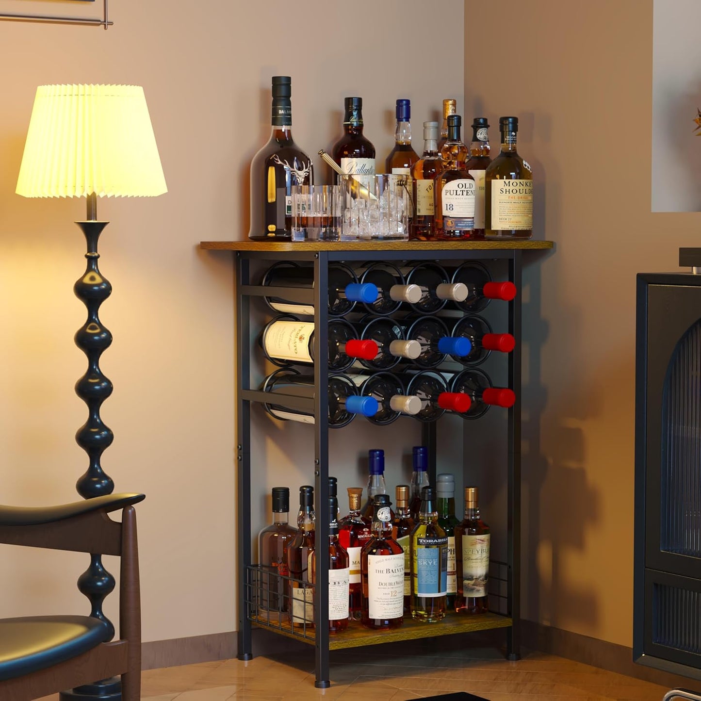 3-Tier Wine Rack Freestanding Floor Cabinet Corner Bar Cabinet Bar Cart,12 Individual Wine Storage Bottle Compartments Corner Bar Cabinet Holder (3-Tier Wine Rack 07)