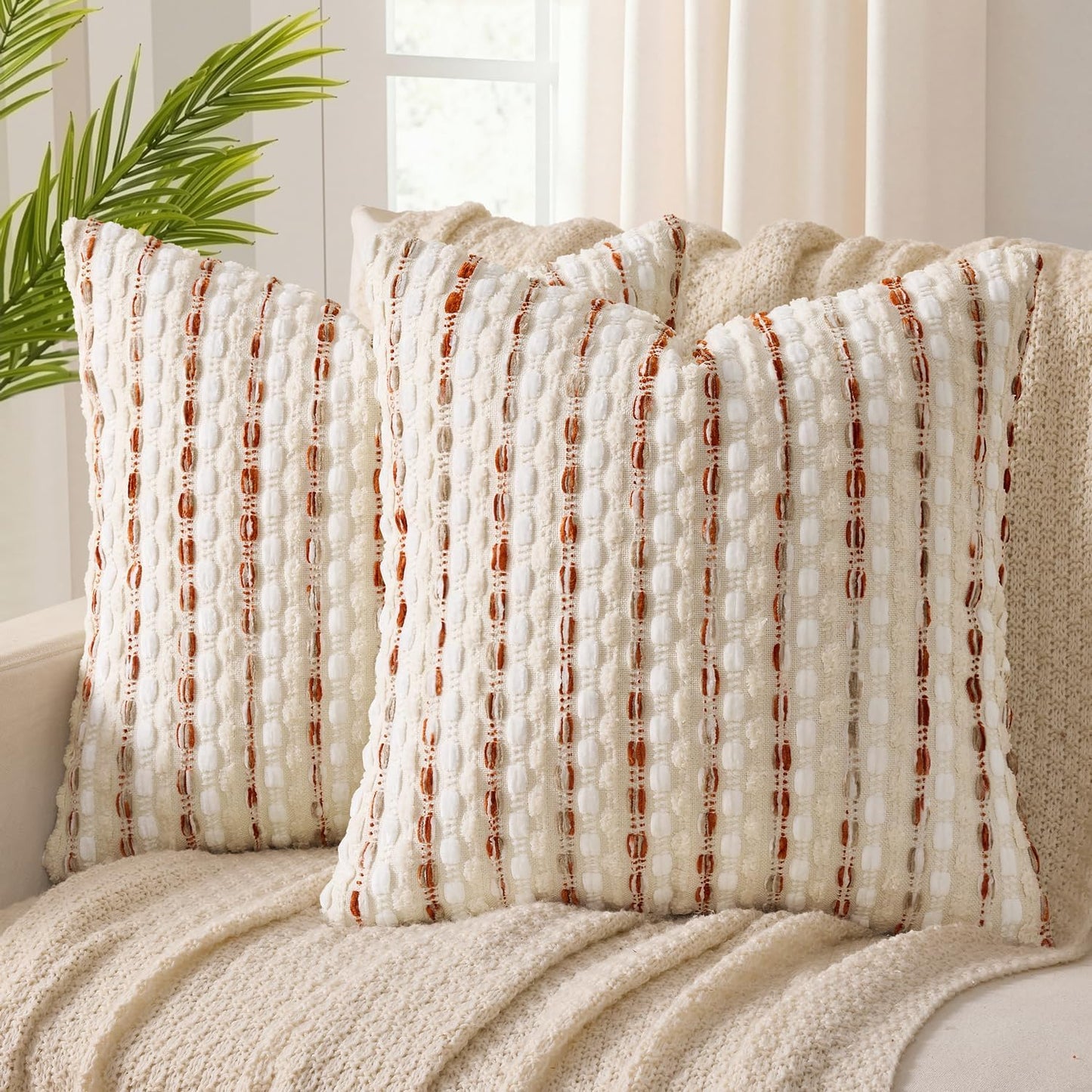 ANRODUO Pack of 2 Boho Decorative Throw Pillow Covers 18x18 Farmhouse Cushion Case Striped Chenille Pillow Cases Square Pillow Covers Accent Neutral Pillowcase for Sofa Couch Bed, Olive Green Stripe