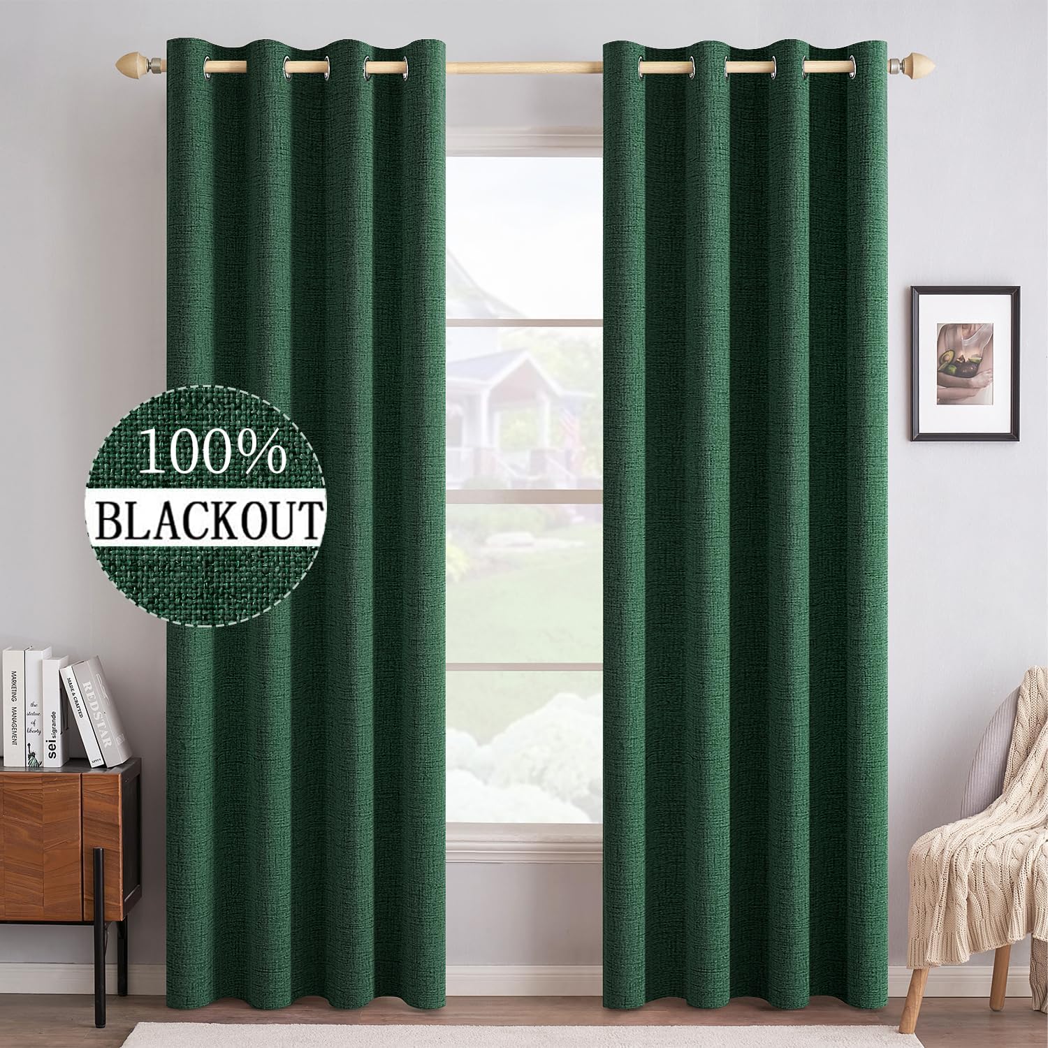 100% Blackout Linen Textured Curtains for Bedroom Solid Thermal Insulated Natural Beige Grommet Room Darkening Curtains & Drapes Luxury Decor for Living Room Nursery 52 x 84 Inch (2 Panels)
