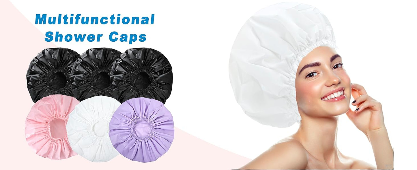 Shower Caps for Women, 4 PCS Elastic and Reusable Bath Caps, Double Waterproof Layers Shower Cap, Bathing Shower Caps, Environmental Protection Hair Bath Hat - Solid Color