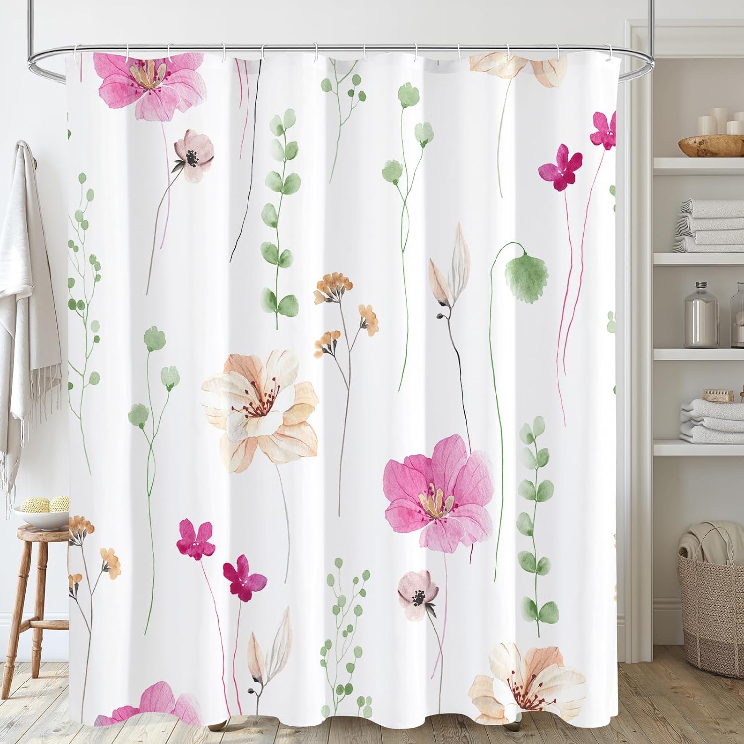 Watercolor Floral Shower Curtain, Sage Green Beige Flower Shower Curtain for Bathroom, Modern Minimalist White Waterproof Fabric Shower Curtain Set 72x72 Inch