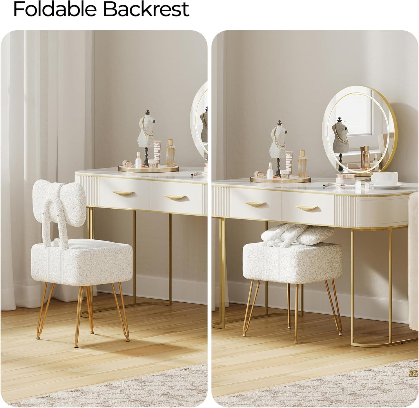 Small Vanity Chair with Storage and Folding Back, 14.2" D x 12.6" W x 28.3" H Soft Storage Ottoman, Footrest Stool, Teddy Fleece Vanity Stool for Makeup, Bedroom, Living Room, White