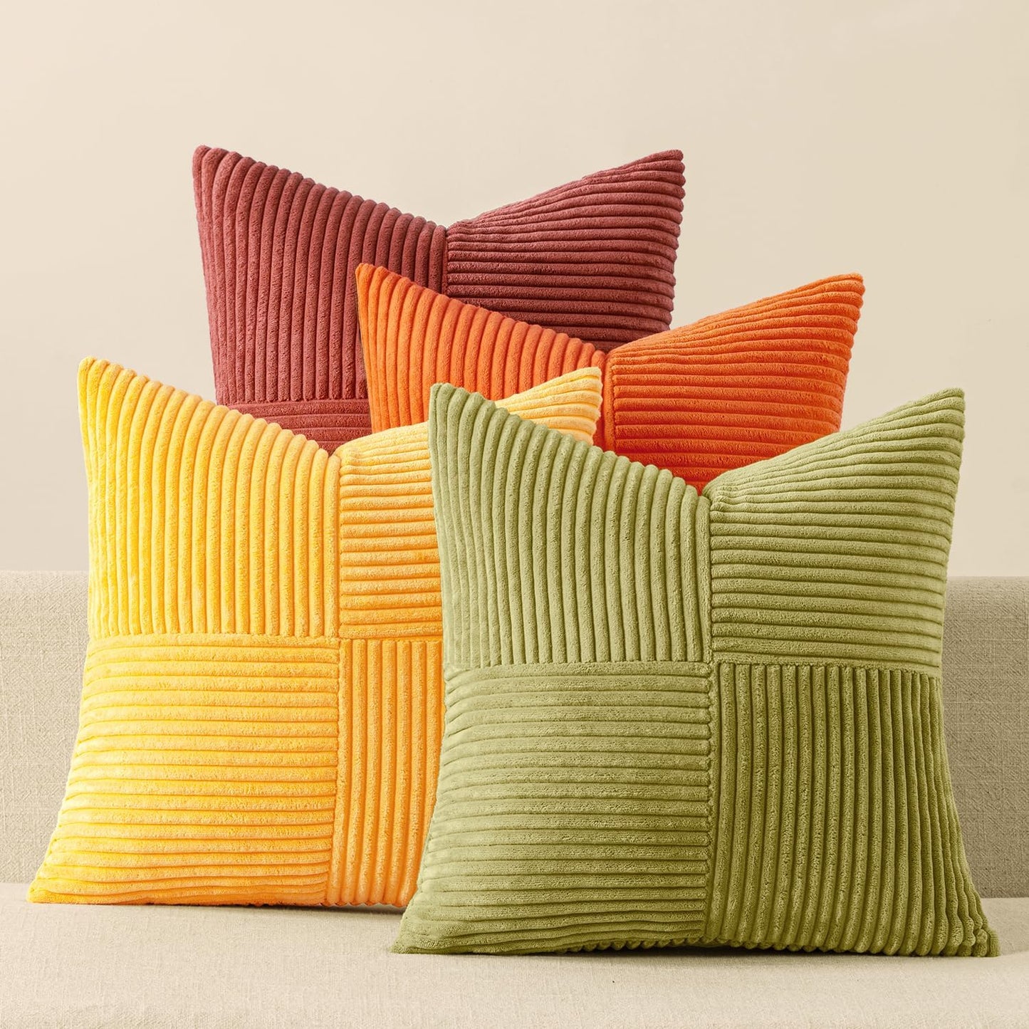 MIULEE Teal Orange Decorative Throw Pillow Covers 18x18 Inch Set of 4 Boho Corduroy Striped Cushion Cases Modern Farmhouse Patchwork Pillow Cases for Couch Sofa Bedroom Home Decor
