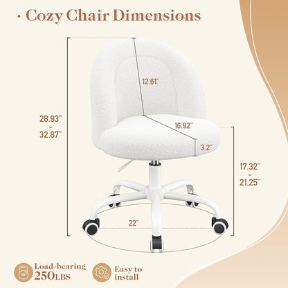 Vanity Chair, Small Desk Chair with Back, Height Adjustable & 360° Swivel, Stylish Armless Comfy Vanity Office Chair for Small Space, Bedroom