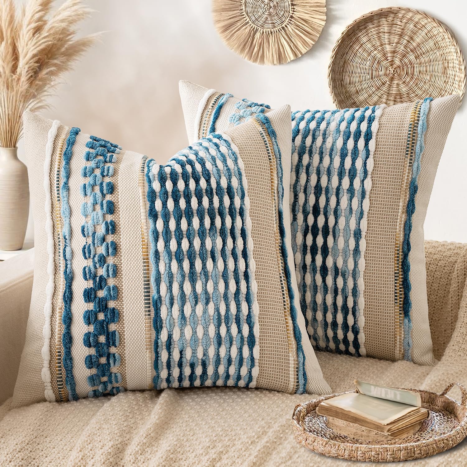 ANRODUO Pack of 2 Boho Decorative Throw Pillow Covers 18x18 Farmhouse Cushion Case Striped Chenille Pillow Cases Square Pillow Covers Accent Neutral Pillowcase for Sofa Couch Bed, Olive Green Stripe
