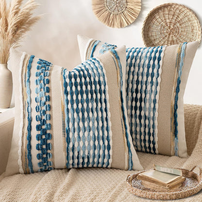 ANRODUO Pack of 2 Boho Decorative Throw Pillow Covers 18x18 Farmhouse Cushion Case Striped Chenille Pillow Cases Square Pillow Covers Accent Neutral Pillowcase for Sofa Couch Bed, Olive Green Stripe