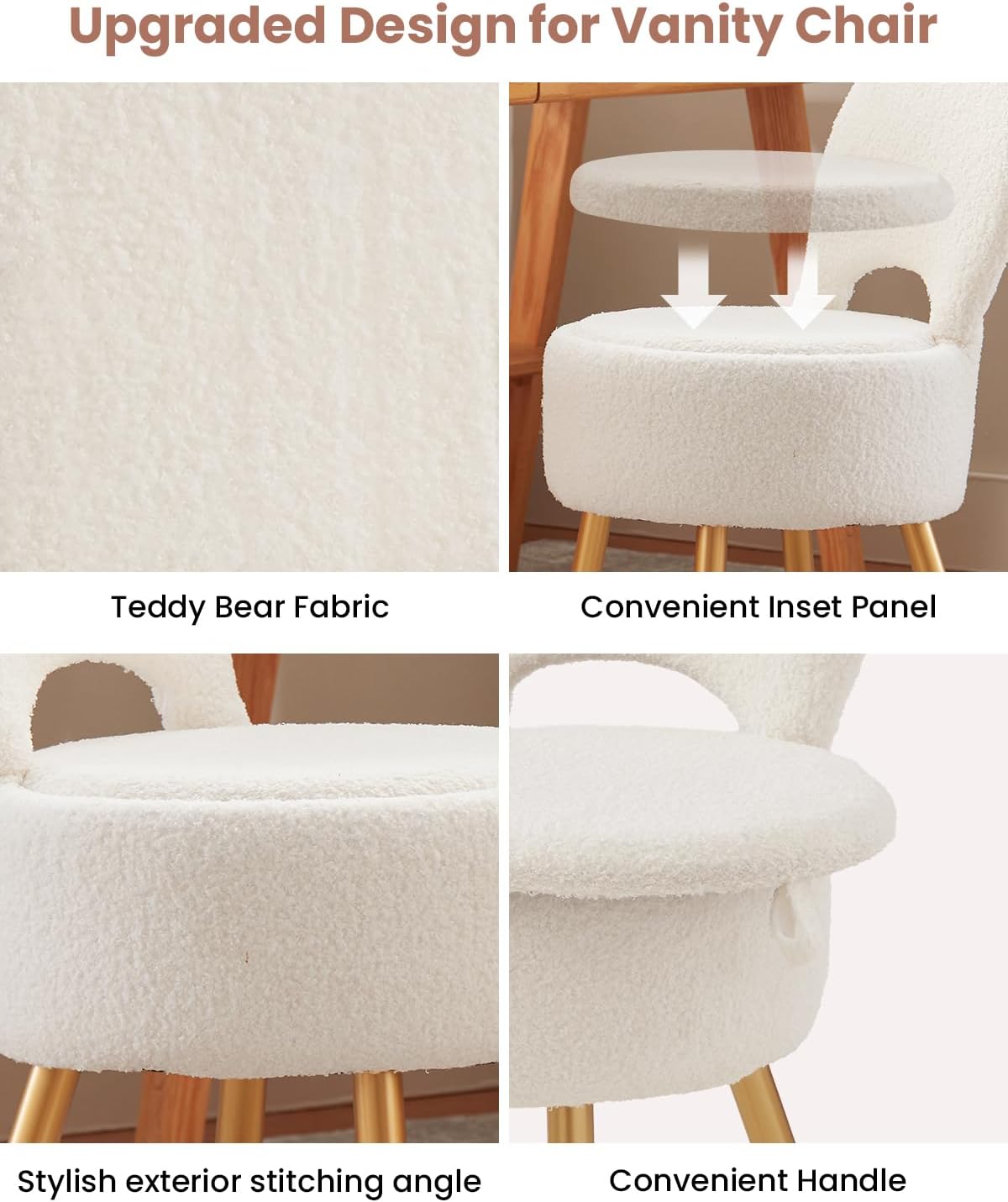 Small Vanity Stool Chair with Storage and Folding Back,4 Metal Legs with Anti-Slip Feet,Round Ottoman with Velvet Seat, Furry Padded Seat for Makeup, Bedroom (Black, Small)