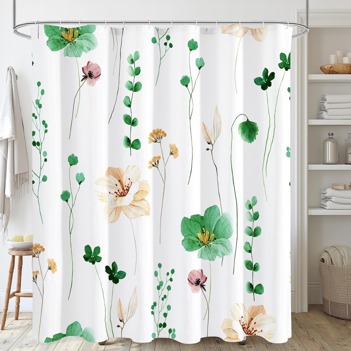 Watercolor Floral Shower Curtain, Sage Green Beige Flower Shower Curtain for Bathroom, Modern Minimalist White Waterproof Fabric Shower Curtain Set 72x72 Inch