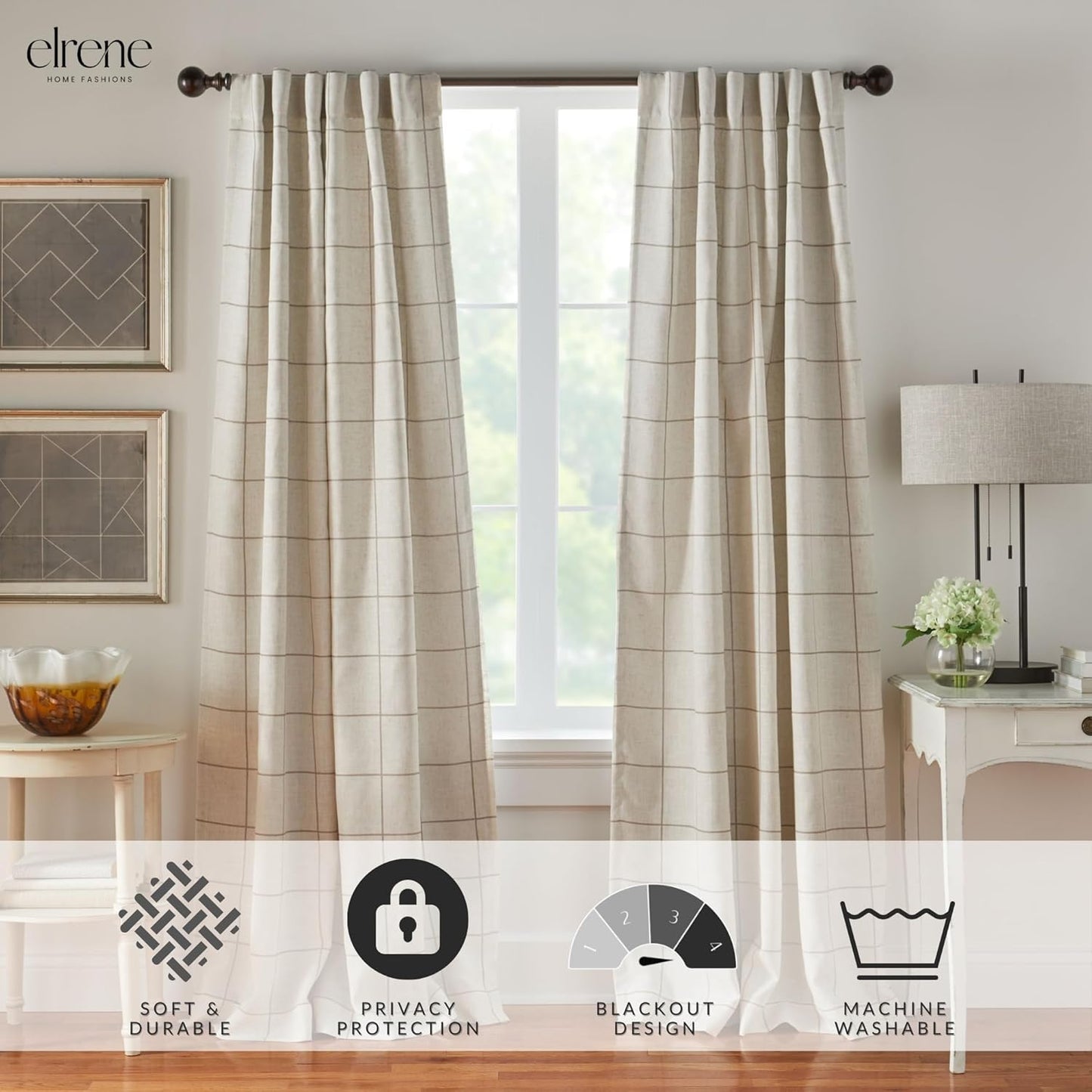 Fashions Brighton Windowpane Plaid Blackout Window Curtain, Living Room and Bedroom Drape with Rod Pocket Tabs, 52" x 84", Linen, 1 Panel