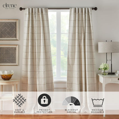 Fashions Brighton Windowpane Plaid Blackout Window Curtain, Living Room and Bedroom Drape with Rod Pocket Tabs, 52" x 84", Linen, 1 Panel