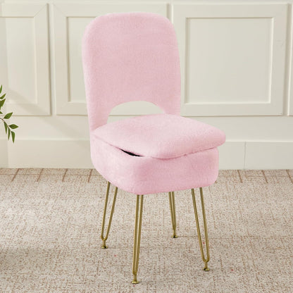 Vanity Chair with Storage and Folding Back, Faux Fur Square Storage Chair, Vanity Stool Chair with 4 Metal Legs for Bedroom, Living Room and Makeup Stations, 13.4"x 15"x 30", White