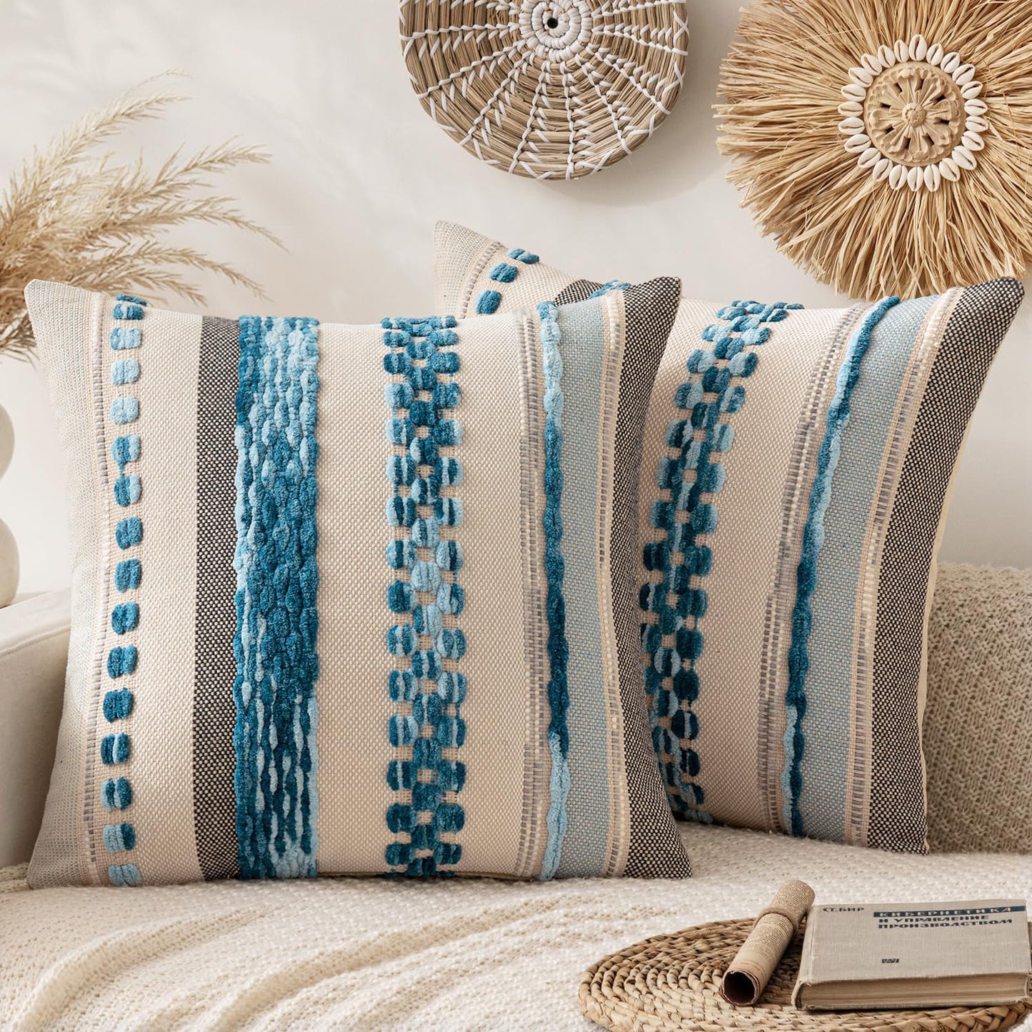 ANRODUO Pack of 2 Boho Decorative Throw Pillow Covers 18x18 Farmhouse Cushion Case Striped Chenille Pillow Cases Square Pillow Covers Accent Neutral Pillowcase for Sofa Couch Bed, Olive Green Stripe