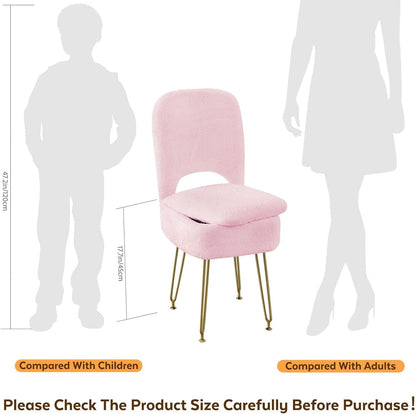 Vanity Chair with Storage and Folding Back, Faux Fur Square Storage Chair, Vanity Stool Chair with 4 Metal Legs for Bedroom, Living Room and Makeup Stations, 13.4"x 15"x 30", White