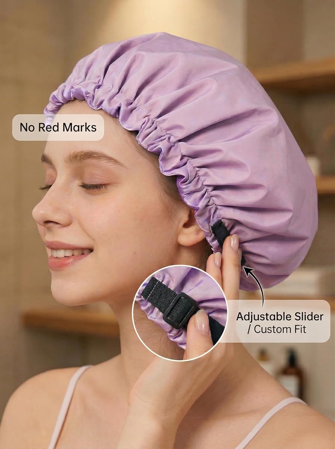 Shower Cap,Extra Adjustable Shower Caps for Women Double-Layer Waterproof Reusable Hair Cap, Large Size Hair Cap for All Hair,for Girls Spa Bath,Soft and Comfortable (Purple)