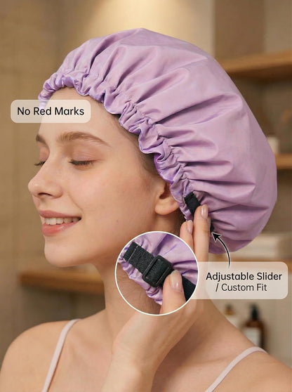 Shower Cap,Extra Adjustable Shower Caps for Women Double-Layer Waterproof Reusable Hair Cap, Large Size Hair Cap for All Hair,for Girls Spa Bath,Soft and Comfortable (Purple)