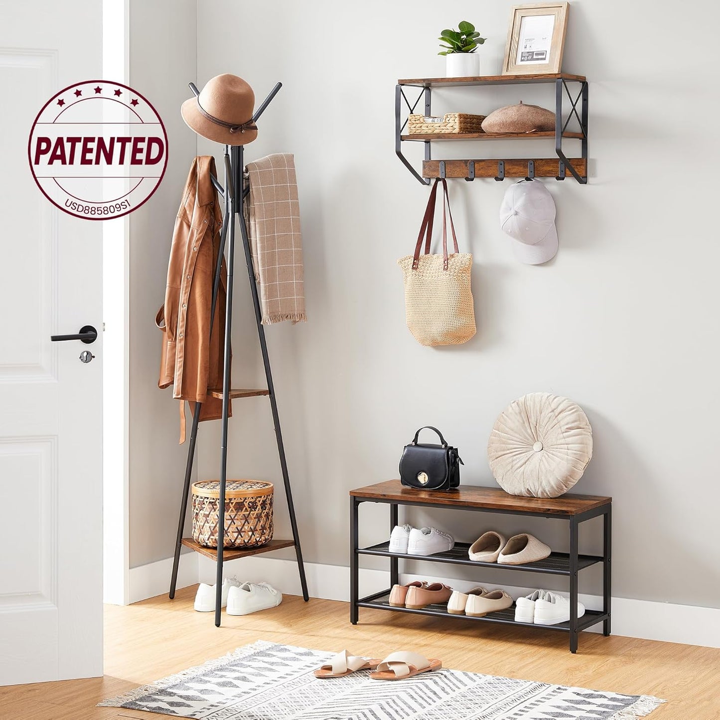 Coat Rack Freestanding, Coat Hanger Stand, Hall Tree with 2 Shelves, for Clothes, Hat, Bag, Industrial Style, Rustic Brown and Black URCR16BX