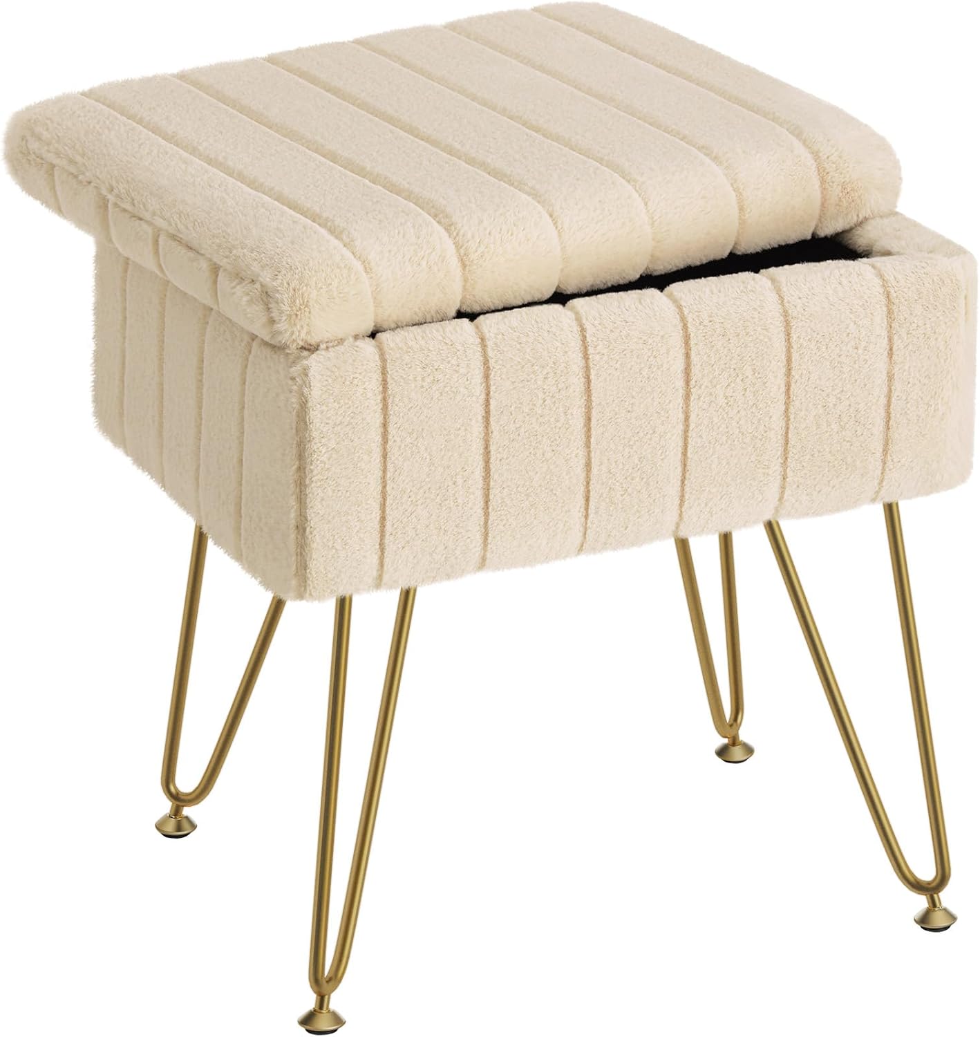 Vanity Stool Chair Faux Fur with Storage, 15.7"L x 11.8"W x 19.4"H Soft Ottoman 4 Metal Legs with Anti-Slip Feet, Furry Padded Seat, Modern Multifunctional Chairs for Makeup, Bedroom White