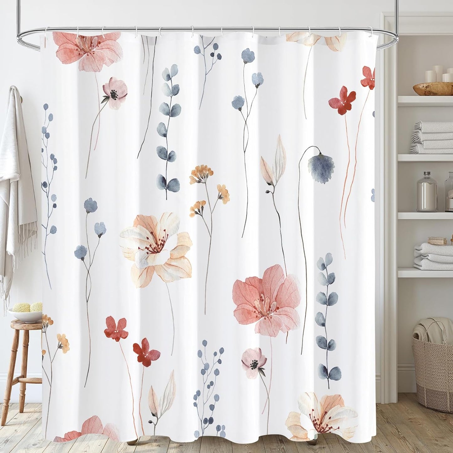 Watercolor Floral Shower Curtain, Sage Green Beige Flower Shower Curtain for Bathroom, Modern Minimalist White Waterproof Fabric Shower Curtain Set 72x72 Inch