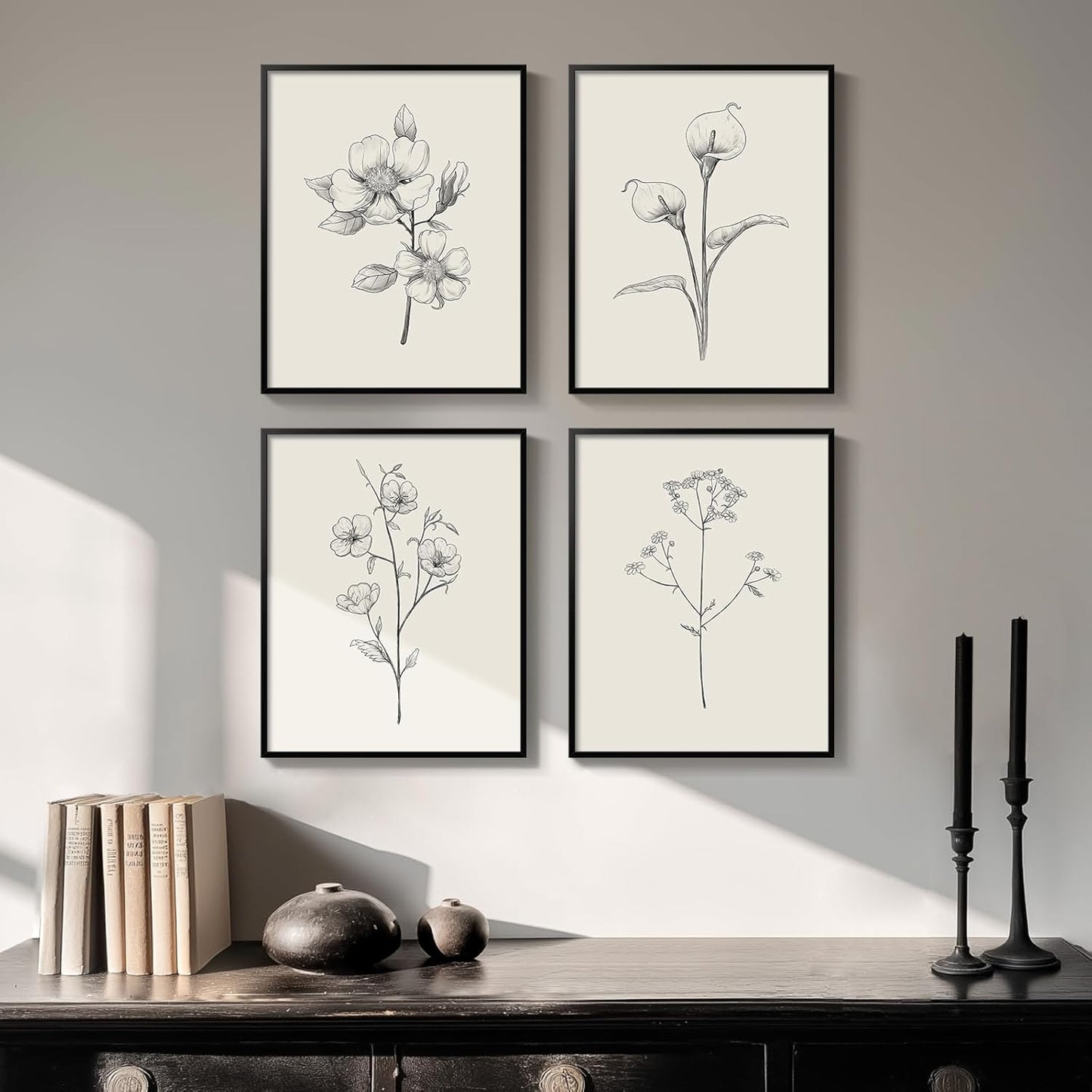 Framed Vintage Botanical Wall Art Bedroom, 4 Piece Rustic Farmhouse Floral Canvas Prints Artwork, Neutral Flower Butterfly Pictures for Modern Farmhouse Living Room Kitchen Bathroom Wall Decor, 11x14