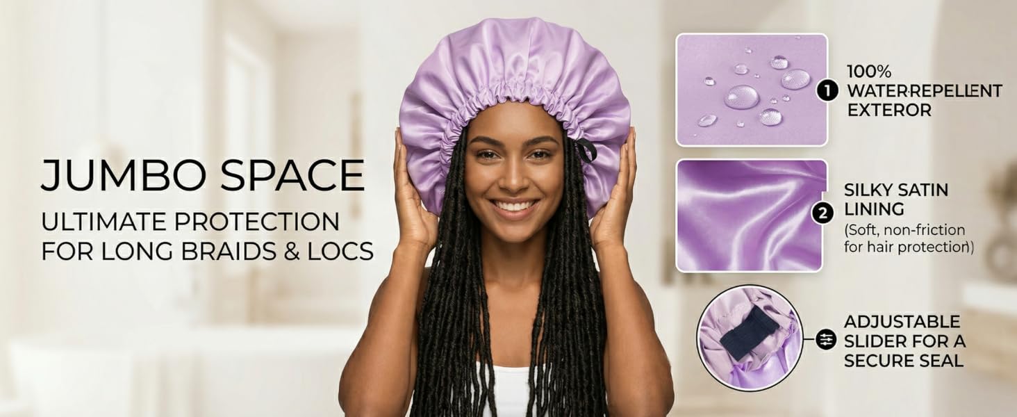 Shower Cap,Extra Adjustable Shower Caps for Women Double-Layer Waterproof Reusable Hair Cap, Large Size Hair Cap for All Hair,for Girls Spa Bath,Soft and Comfortable (Purple)