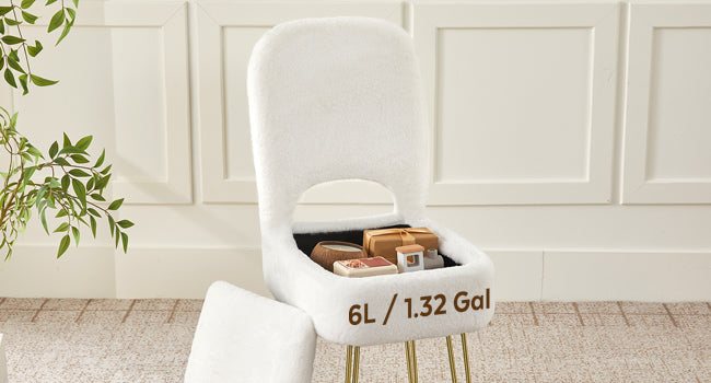 Vanity Chair with Storage and Folding Back, Faux Fur Square Storage Chair, Vanity Stool Chair with 4 Metal Legs for Bedroom, Living Room and Makeup Stations, 13.4"x 15"x 30", White