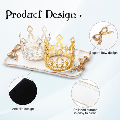 Jewelry Organizer, Decorative Tray for Jewelry, Towel, Storage, Rings, Bracelets, Earrings, Cosmetics, Retro Design, Bow Decor Resin Plate Coquette for Room Decor, White