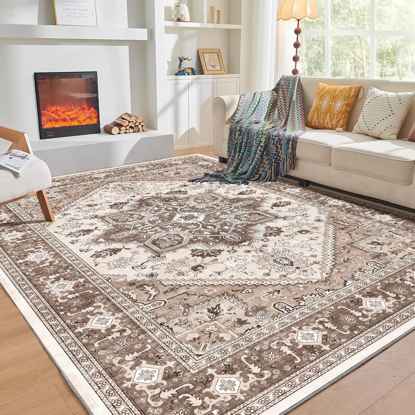 Soft Area Rugs 5x7, 5x7 Washable Rug with Non Slip Backing, 5 x 7 Faux Cashmere Low-Pile Carpet, Navy Blue & Gold