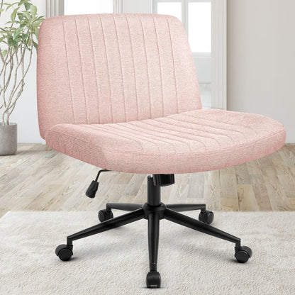 Chair Wheels Wide Cross Legged Office Desk Vanity Chair Comfy Fabric Armless Adjustable Swivel for Home Computer Task (Beige Wheel, Fabric)
