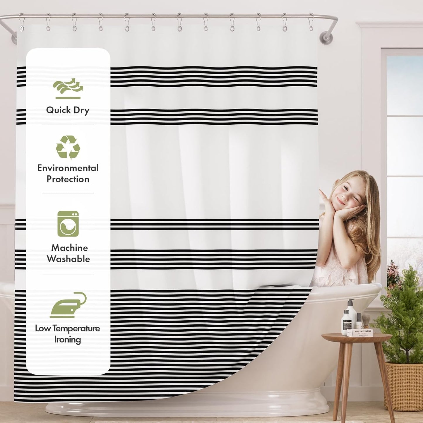 Shower Curtain, Washable Cloth Black Shower Curtain Sets with 12 Shower Curtain Hooks, Fabric Rustic Black and White Striped Curtain, Farmhouse Bathroom Curtains, 72x72 Inches