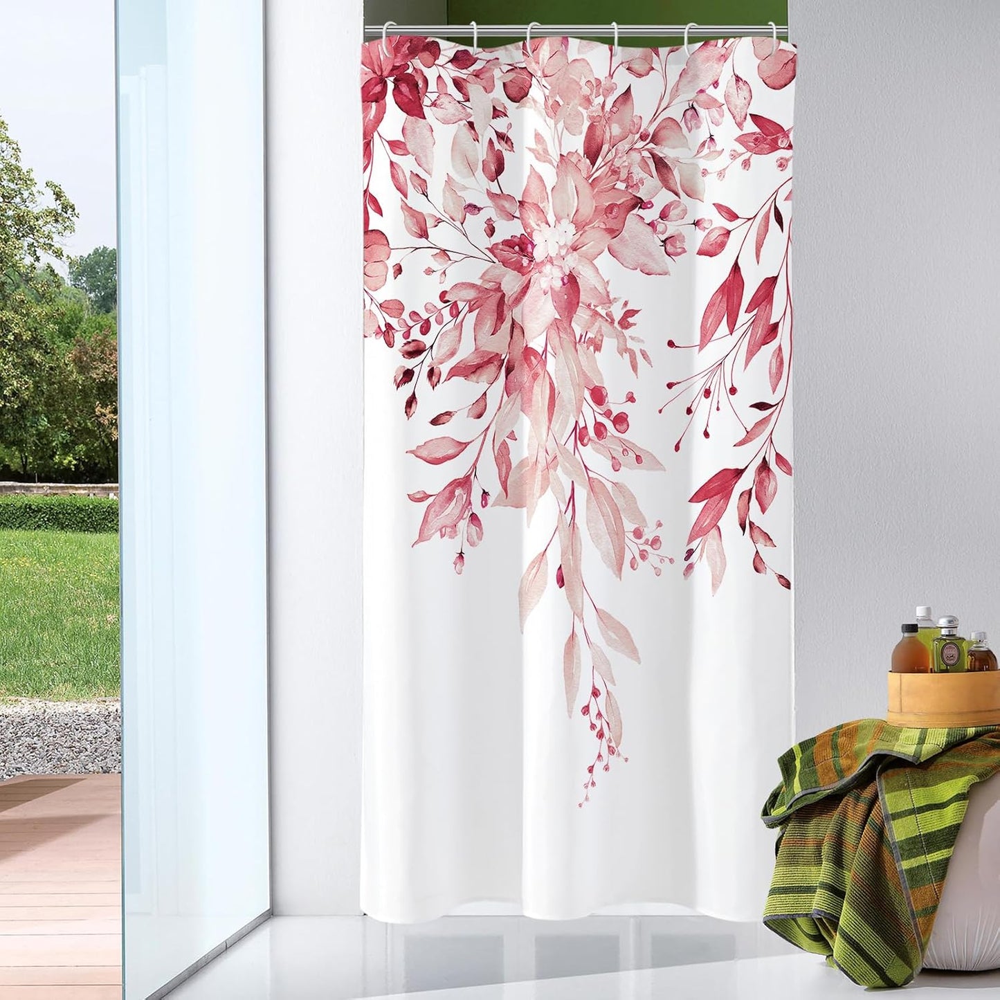 Grey Eucalyptus Shower Curtain, Watercolor Plant Leaves with Floral Bathroom Shower Curtain Set, Gray White, 72x72