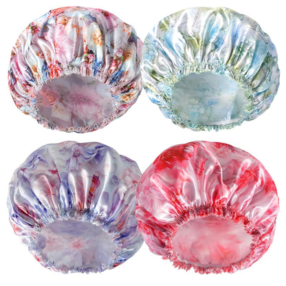 Shower Caps for Women, 4 PCS Elastic and Reusable Bath Caps, Double Waterproof Layers Shower Cap, Bathing Shower Caps, Environmental Protection Hair Bath Hat - Solid Color