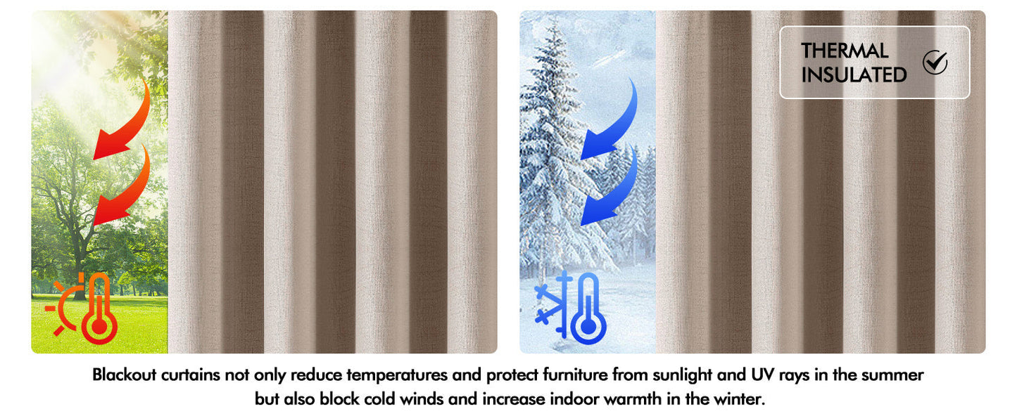 100% Blackout Linen Textured Curtains for Bedroom Solid Thermal Insulated Natural Beige Grommet Room Darkening Curtains & Drapes Luxury Decor for Living Room Nursery 52 x 84 Inch (2 Panels)