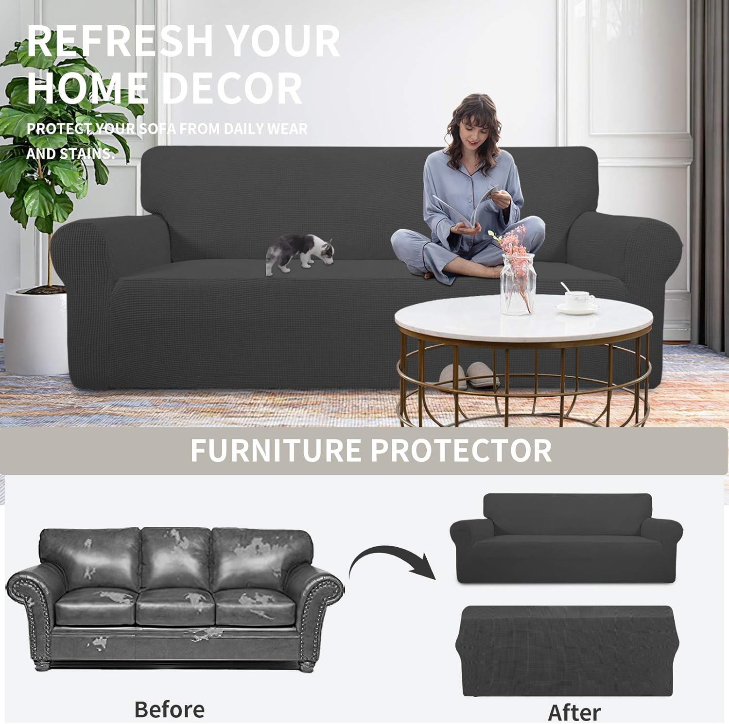 Stretch Sofa Slipcover 1-Piece Sofa Cover Furniture Protector Couch Soft with Elastic Bottom for Kids, Polyester Spandex Jacquard Fabric Small Checks (Sofa, Dark Gray)