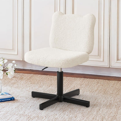 Adjustable Vanity Stool Chair with Girly Bear Ear Wide Back, 360° Swivel Vanity Stool for Makeup Room, Upholstered Teddy Velvet Ottoman for Teen Girls, 350lbs, Beige
