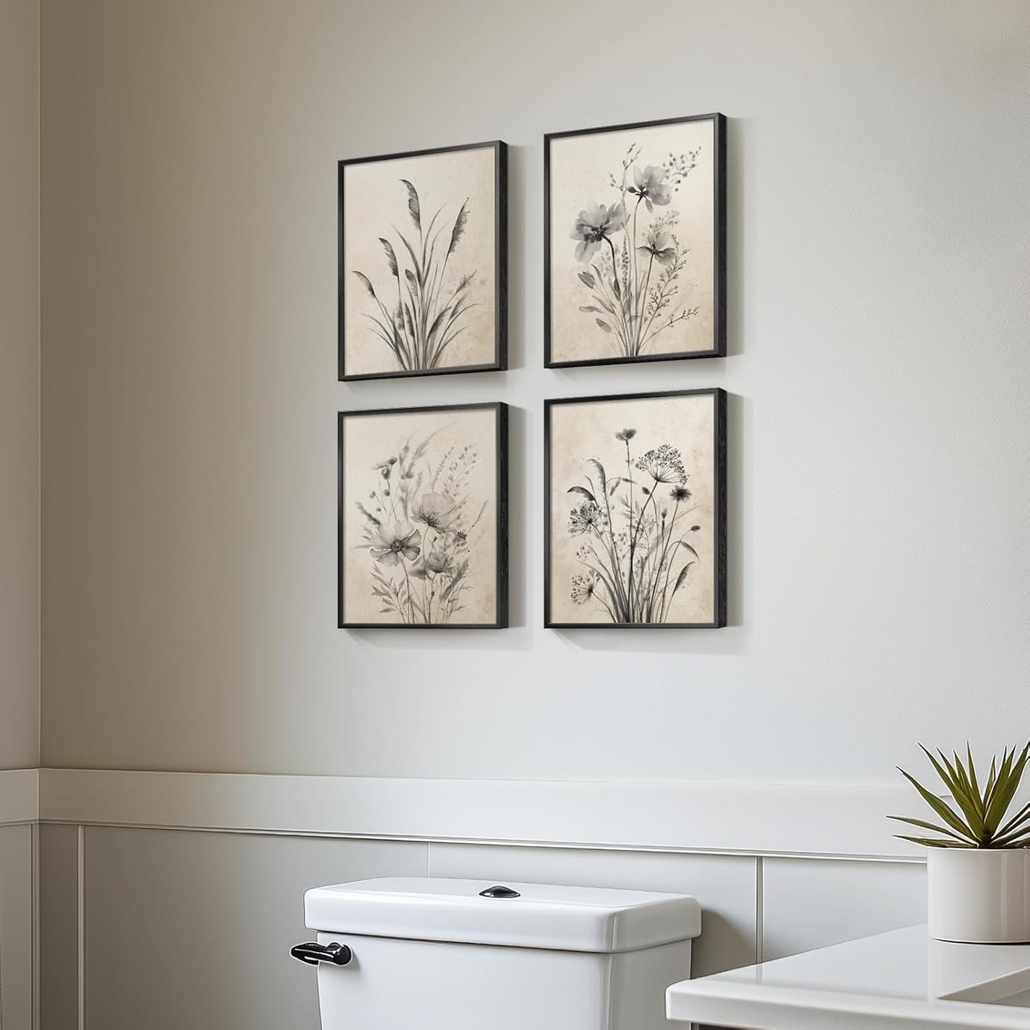 Framed Vintage Botanical Wall Art Bedroom, 4 Piece Rustic Farmhouse Floral Canvas Prints Artwork, Neutral Flower Butterfly Pictures for Modern Farmhouse Living Room Kitchen Bathroom Wall Decor, 11x14