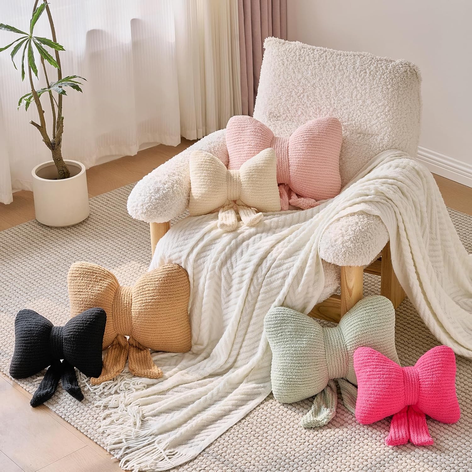 Bow Pillow, Decorative Throw Pillows with Soft Plush, Bow Throw Pillow for Couch Bed, Home Decor Bow Shaped Pillow for Bedroom Living Room (Hot Pink, 16 Inches)