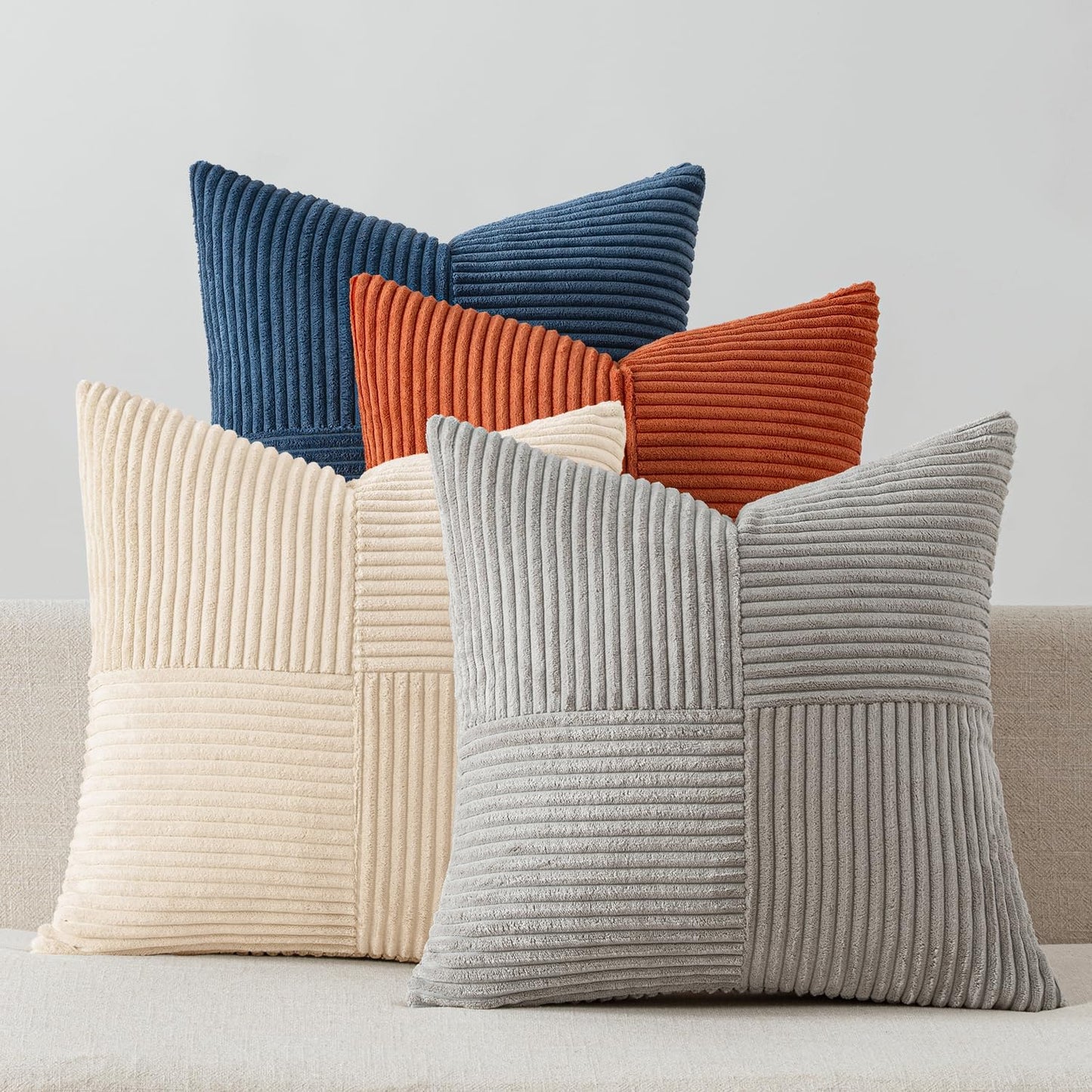 MIULEE Teal Orange Decorative Throw Pillow Covers 18x18 Inch Set of 4 Boho Corduroy Striped Cushion Cases Modern Farmhouse Patchwork Pillow Cases for Couch Sofa Bedroom Home Decor