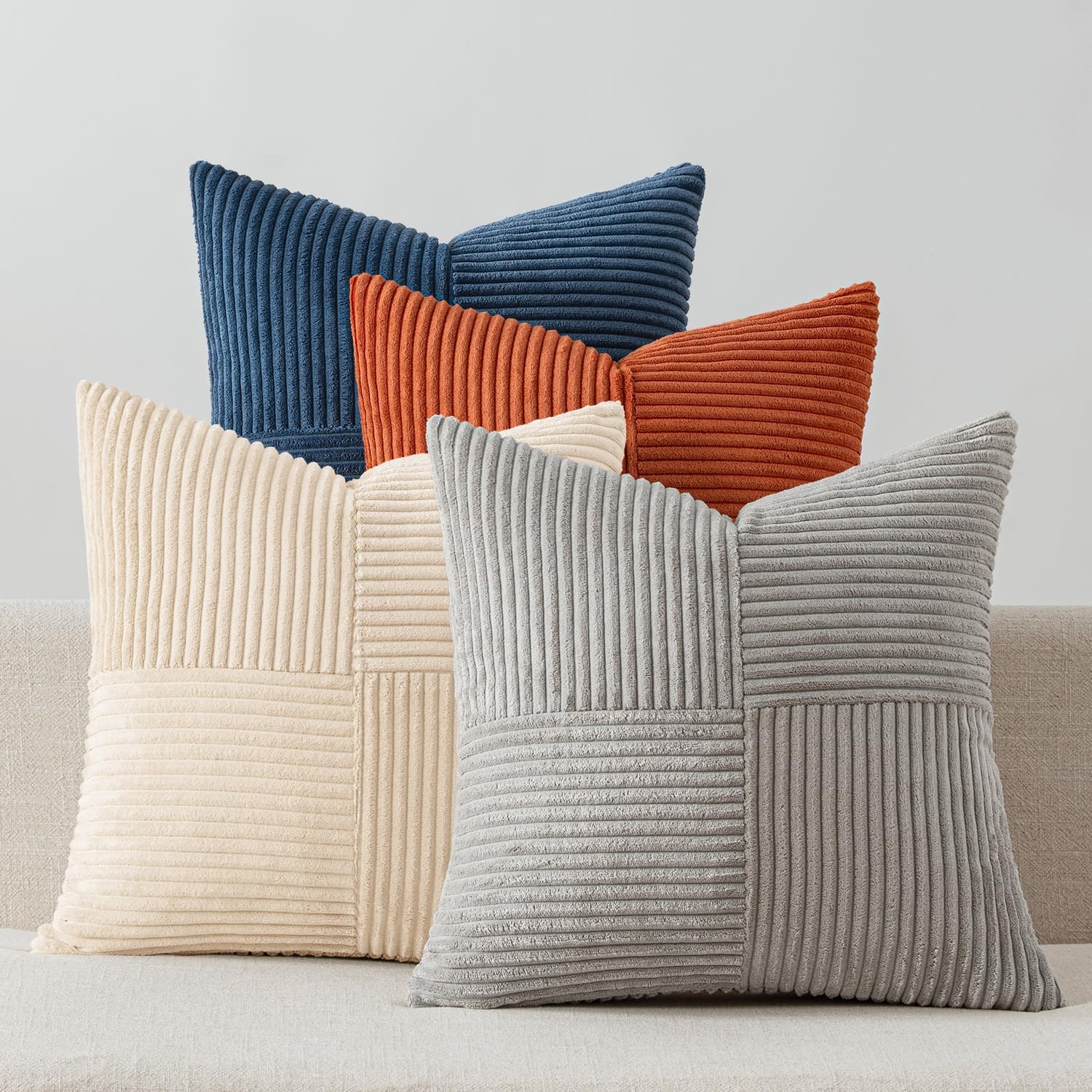 MIULEE Teal Orange Decorative Throw Pillow Covers 18x18 Inch Set of 4 Boho Corduroy Striped Cushion Cases Modern Farmhouse Patchwork Pillow Cases for Couch Sofa Bedroom Home Decor