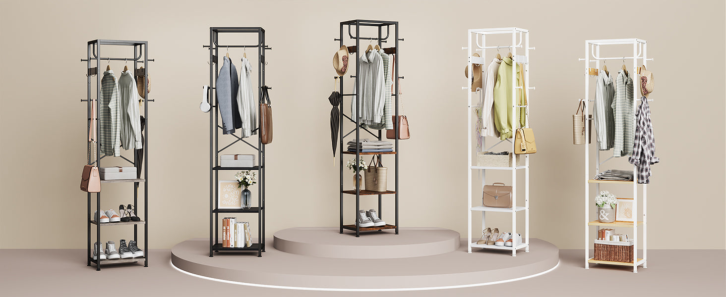 Coat Rack Freestanding, Hall Tree with 3 Storage Shelves and 12 Hooks, Industrial Clothes Rack Stand Organizer for Bedroom, Hallway, Entryway, Office, Living Room, Rustic Brown
