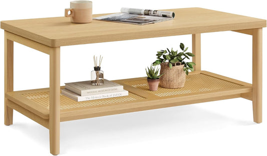 VASAGLE 2-Tier Coffee Table for Living Room, Rectangular Living Room Table, with PVC Rattan Storage Shelf, Rounded Corners, Easy Assembly, Boho Style, 21.7 x 39.4 x 17.7 Inches, Oak Beige ULCT240Y57