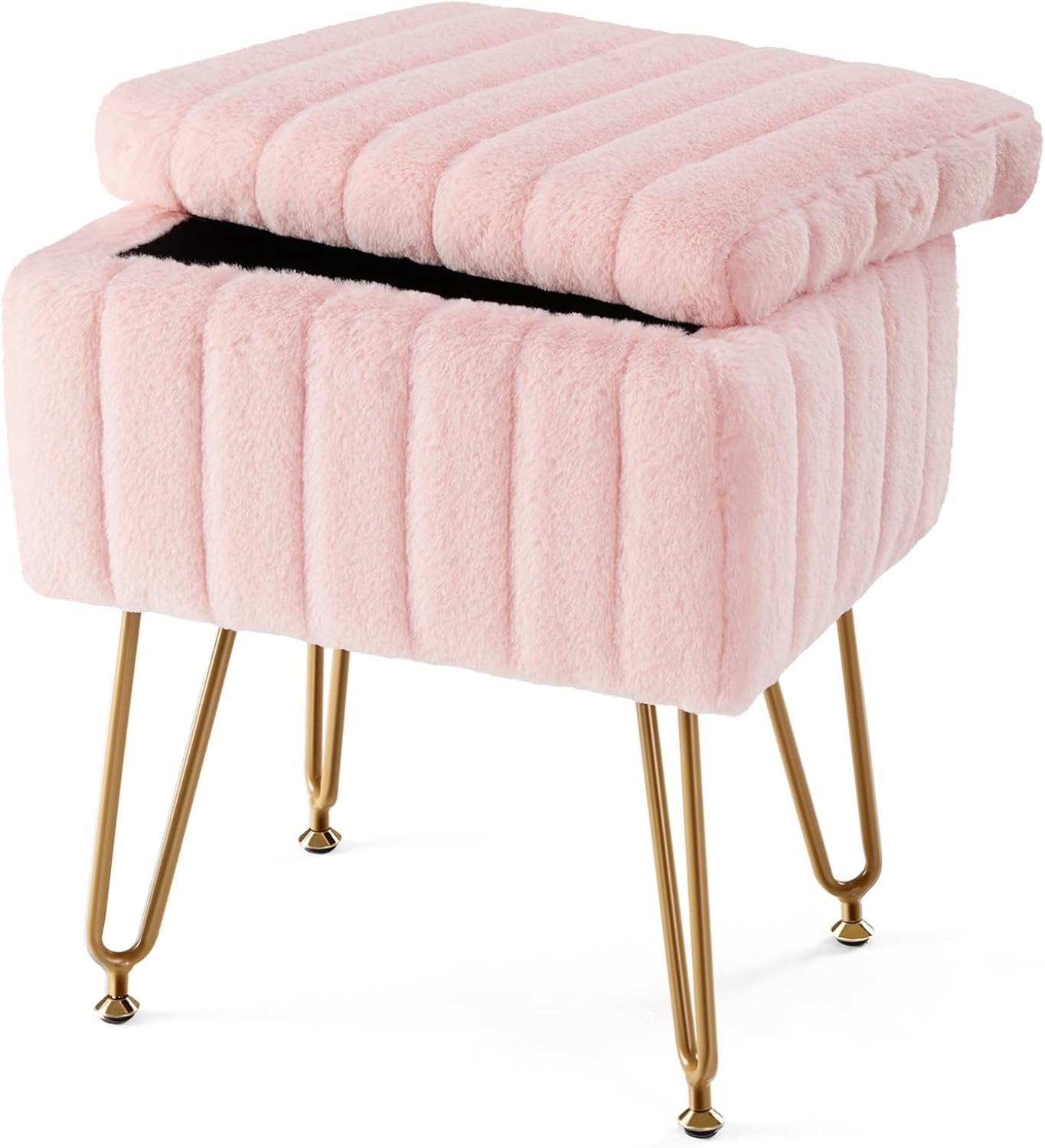 Vanity Stool Chair with Storage, 18.9”H x 16”L x 12.2”W Ottoman Chair Faux Fur Soft Padded Makeup Footstools Seat with 4 Metal Legs Anti-Slip Adjustable Feet for Make Up, Pink