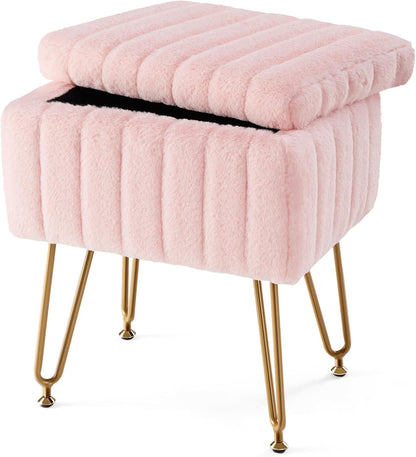 Vanity Stool Chair with Storage, 18.9”H x 16”L x 12.2”W Ottoman Chair Faux Fur Soft Padded Makeup Footstools Seat with 4 Metal Legs Anti-Slip Adjustable Feet for Make Up, Pink