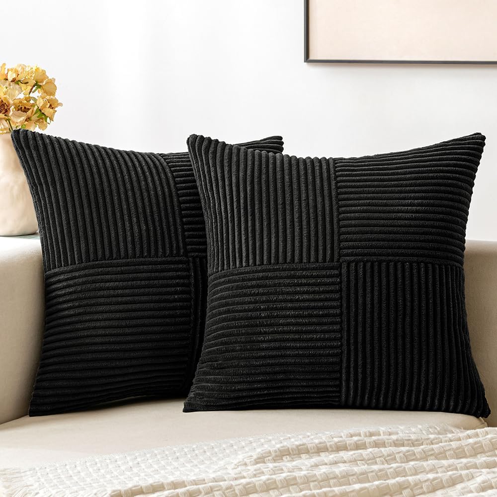 MIULEE Black Decorative Throw Pillow Covers 18x18 Inch for Couch Bed Sofa Pack of 2 Boho Farmhouse Throw Pillows Soft Cross Corduroy Patchwork Textured Cushion Cases