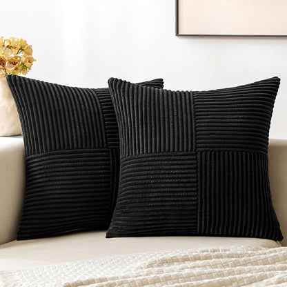 MIULEE Black Decorative Throw Pillow Covers 18x18 Inch for Couch Bed Sofa Pack of 2 Boho Farmhouse Throw Pillows Soft Cross Corduroy Patchwork Textured Cushion Cases