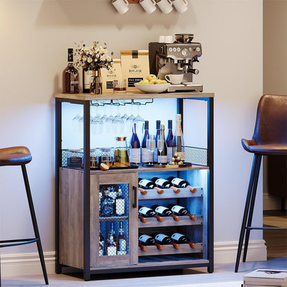 Wine Bar Rack Cabinet with LED Light, Adjustable Shelves Coffee Bar Cabinet with Mesh Door and Baffle Design, 36″ Tall Small Liquor Bar Cabinet for Home, Kitchen, Dinning Room, Rustic Brown